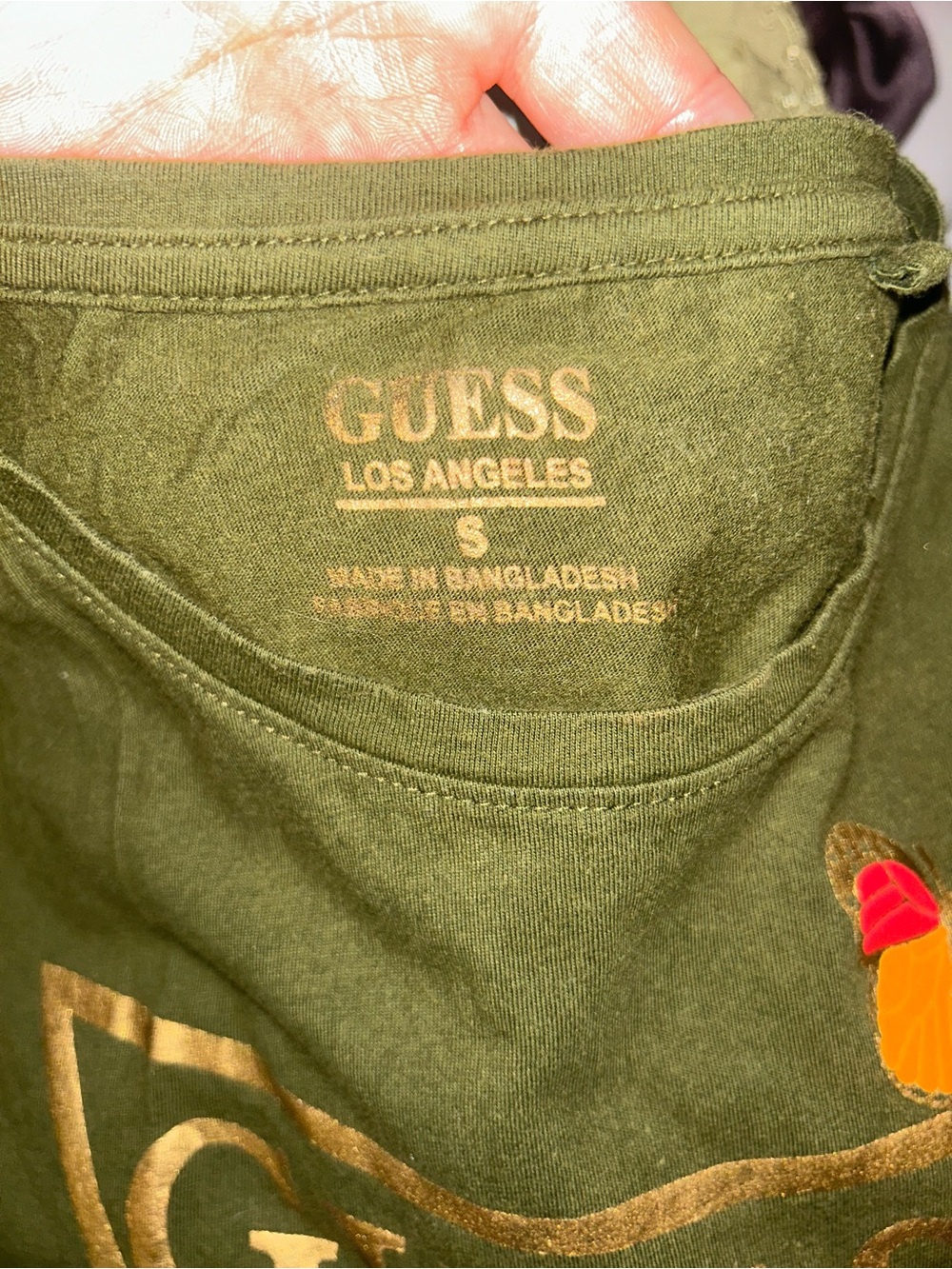 Guess Olive Butterfly Graphic Tee with Gold Logo and Red & Orange Accent - Picture 2 of 3